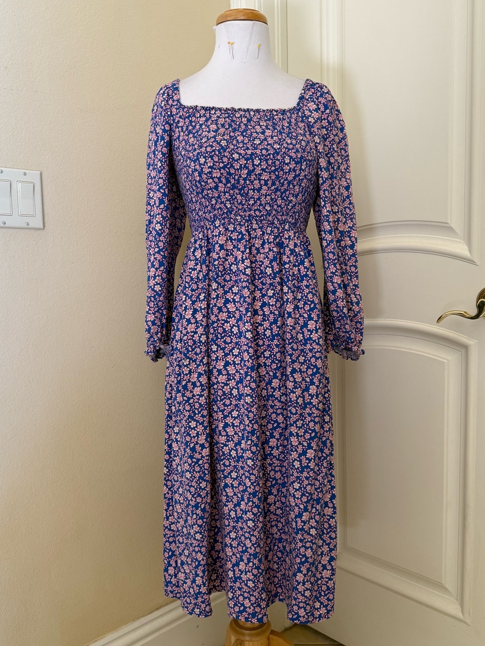 J. Crew  Square-Neck Long Sleeve boho style Maxi Dress in Blue and Pink